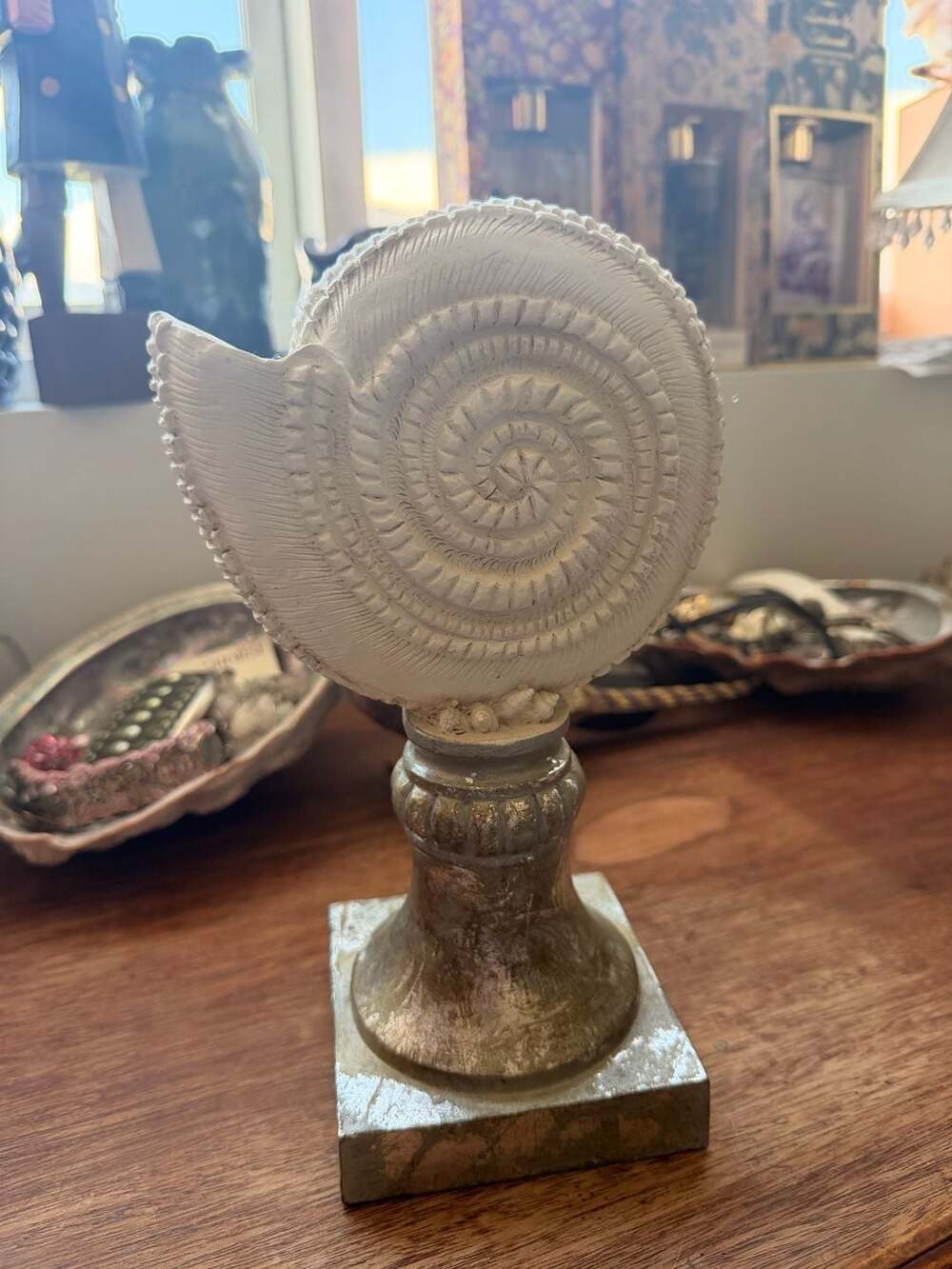 Resin Shell Ammonite Fossil Sculpture on Silver Patina Stand Beach Home Decor
